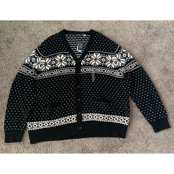 Polo Ralph Lauren Mens Big & Tall Cardigan Sweater Cotton Cashmere Snowflake 1XB - Picture 1 of 5